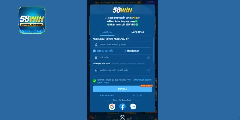 Đăng ký và đăng nhập 58 win cực kỳ dễ dàng nhanh chóng